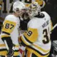 Pittsburgh Penguins Sidney Crosby congratulates Alex Nedeljkovic