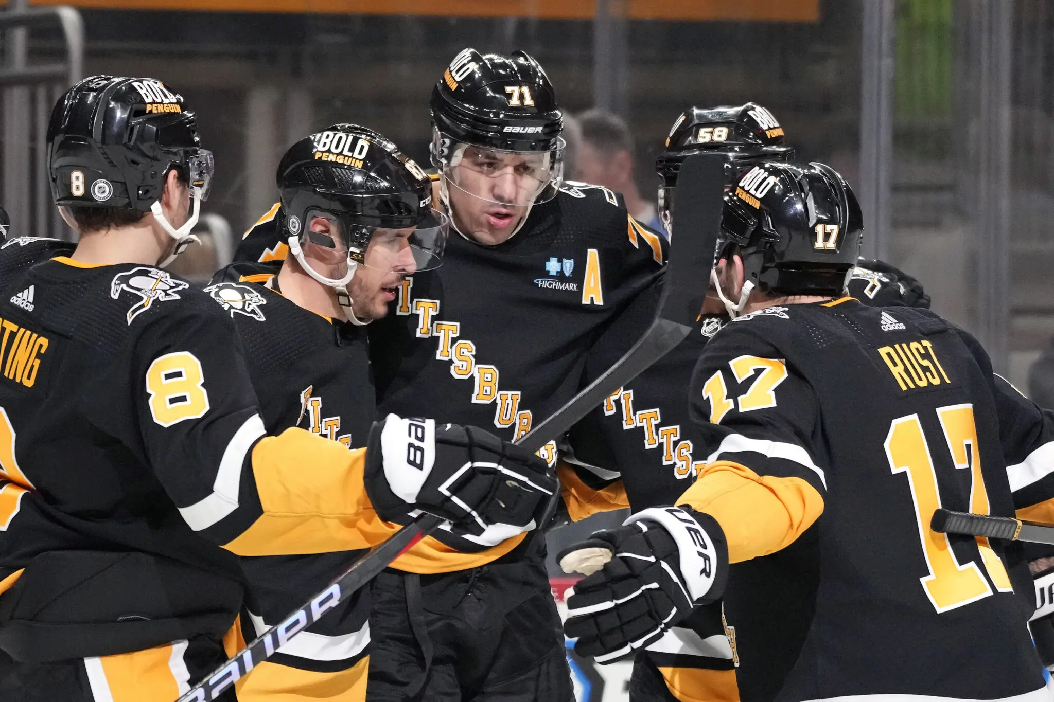 Pittsburgh Penguins celebrate. Pegnguins core questions. NHL trade rumors and playoff coverage