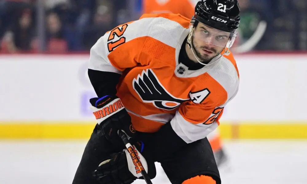 Philadelphia Flyers' Scott Laughton in action during an NHL hockey game against the Winnipeg Jets, Sunday, Jan. 22, 2023, in Philadelphia. (AP Photo/Derik Hamilton)