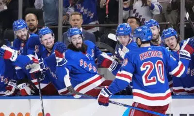 New York Rangers celebrate a goal.