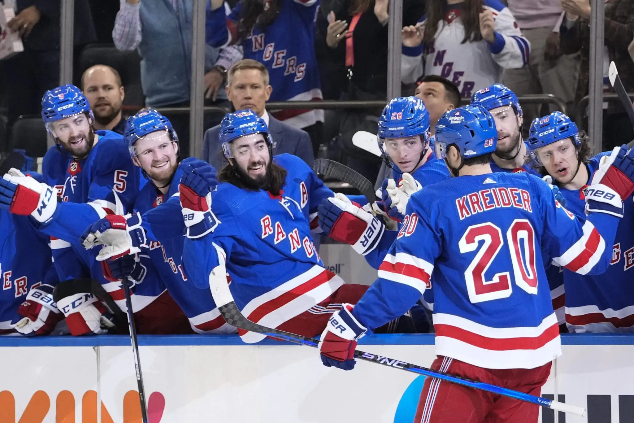 New York Rangers celebrate a goal.