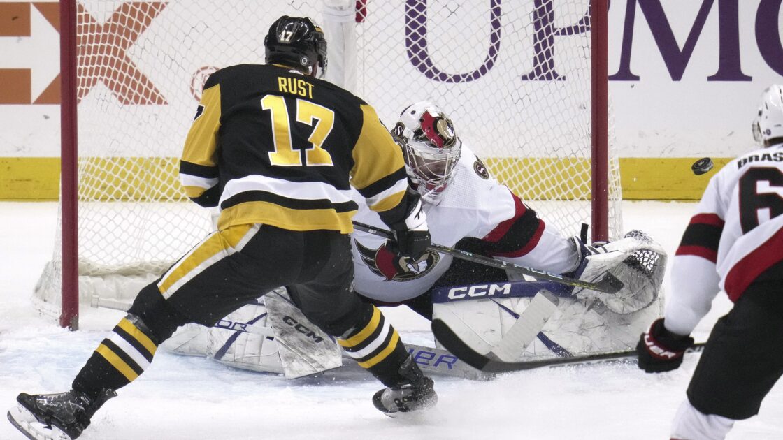 Ottawa Senators goalie Dylan Ferguson, Pittsburgh Penguins Bryan Rust