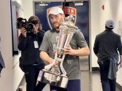 Florida Panthers forward Matthew Tkachuk walks back to his team’s locker room carrying the Prince of Wales Trophy which goes to the NHL’s Eastern Conference champion. The Panthers will play for the Stanley Cup next week. // Photo @GeorgeRichards
