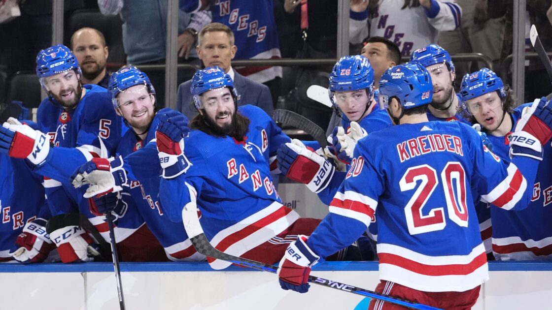 New York Rangers celebrate a goal.