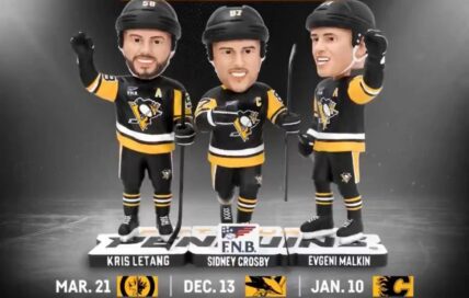 Kris Letang, Sidney Crosby, Evgeni Malkin bobbleheads