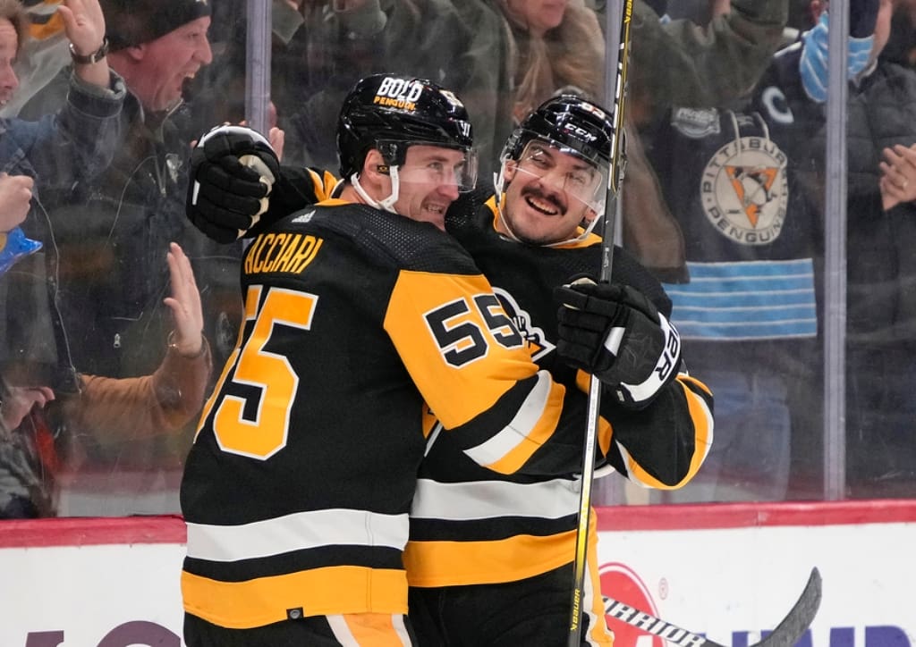 Pittsburgh Penguins game analysis, Noel Acciari, Matt Nieto celebrate