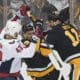 NHL trade, Pittsburgh Penguins Brian Boyle shoves Washington's Tom Wilson.