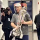 Florida Panthers forward Matthew Tkachuk walks back to his team’s locker room carrying the Prince of Wales Trophy which goes to the NHL’s Eastern Conference champion. The Panthers will play for the Stanley Cup next week. // Photo @GeorgeRichards