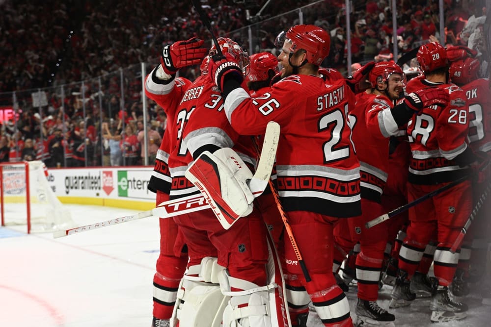 RALEIGH, NC - MAY 11: Members of the Carolina Hurricanes celebrate winning game 5 of the second round of the Stanley Cup Playoffs between the New Jersey Devils and the Carolina Hurricanes on May 11, 2023 at PNC Arena in Raleigh, North Carolina. (Photo by Katherine Gawlik/Icon Sportswire)